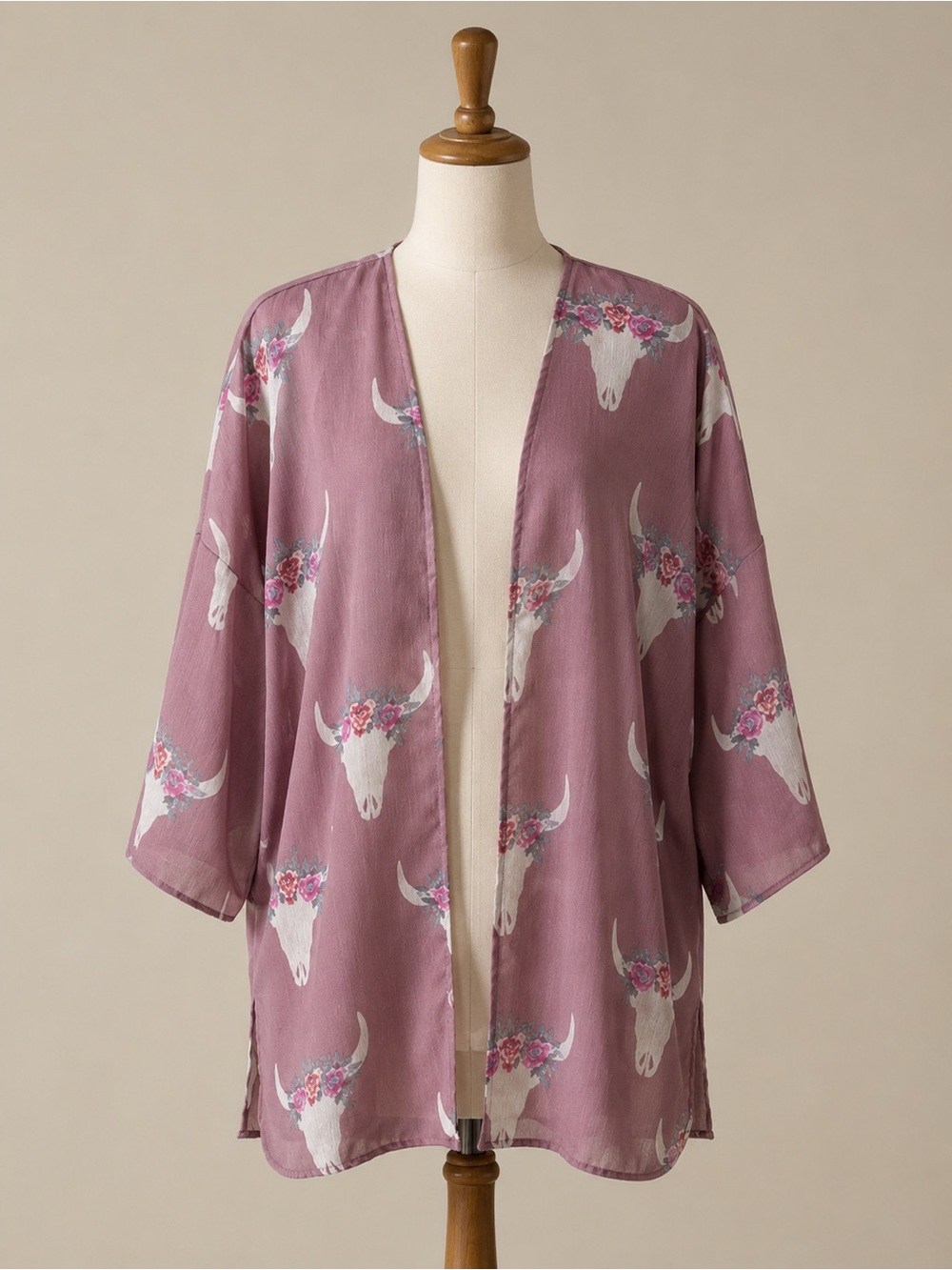 Open Front Lightweight Kimono Cardigan Mauve Floral Boho Longhorn Skull Med
